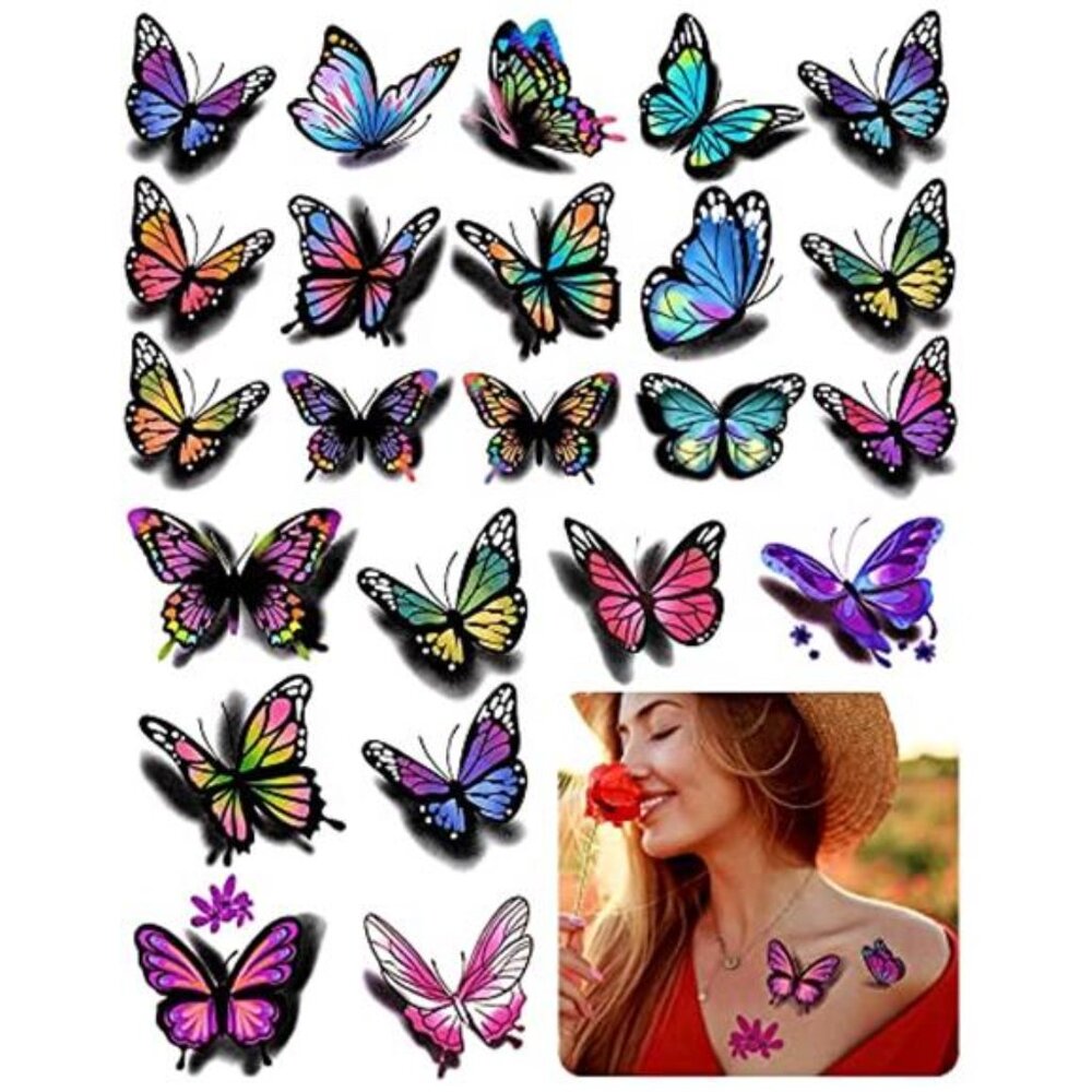 3D Butterflies and Flowers Temporary Stickers Tattoo, 30 Sheets